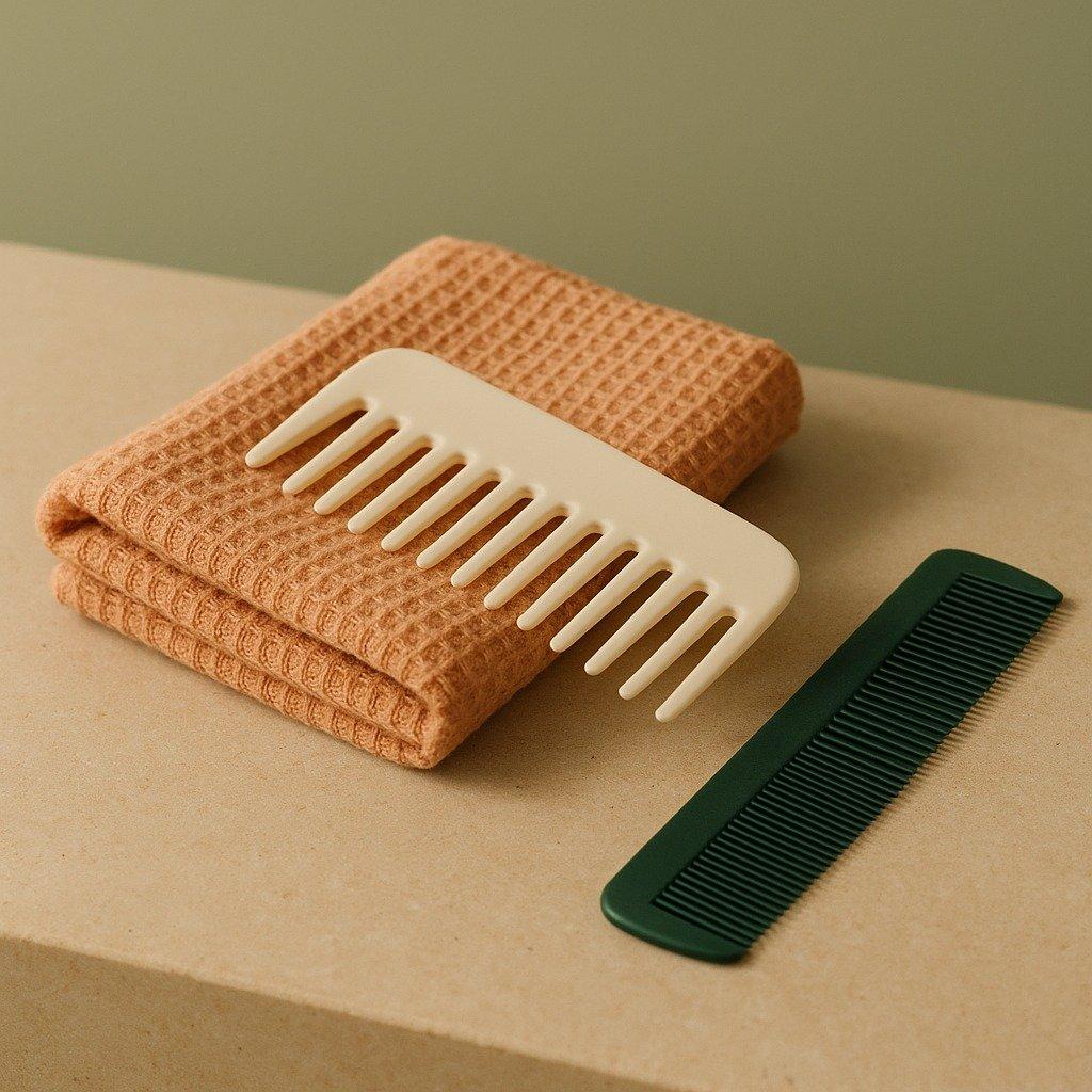Tactile towel and clearly separated comb shapes on a cream countertop