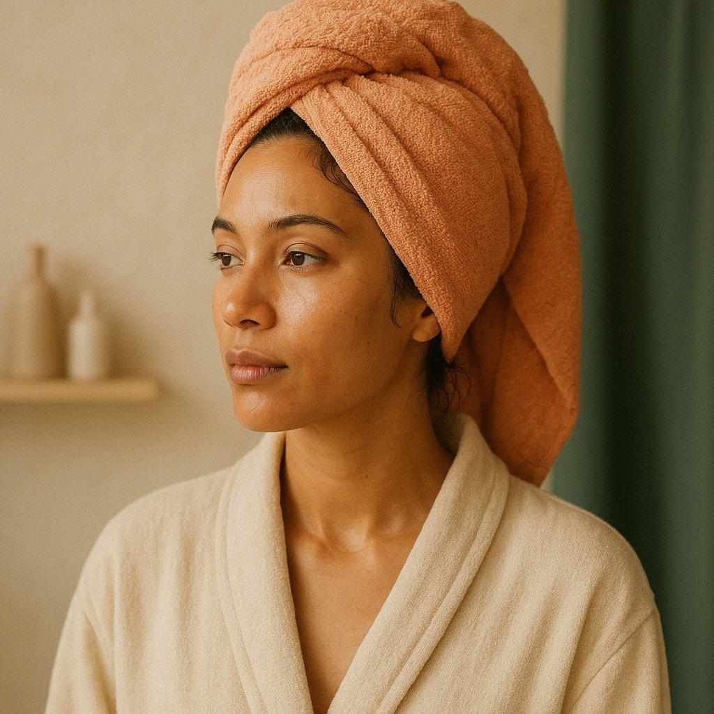 Portrait of an adult with a loose apricot towel wrap in a softly lit cream salon